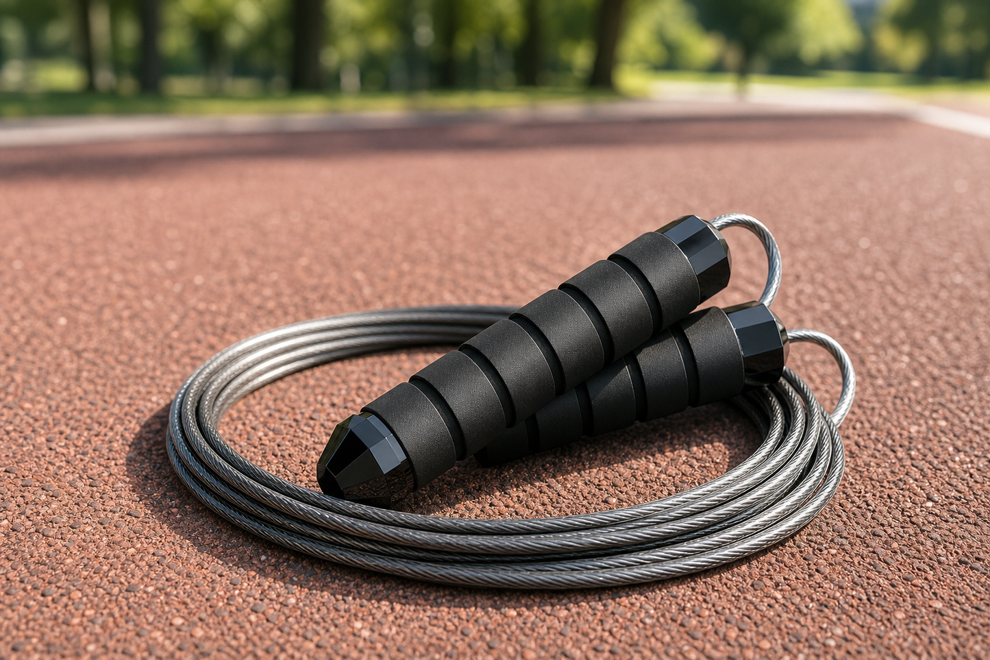 Black X-Grip Rope adjustable steel-cable jump rope with weighted foam handles, coiled on an outdoor running track