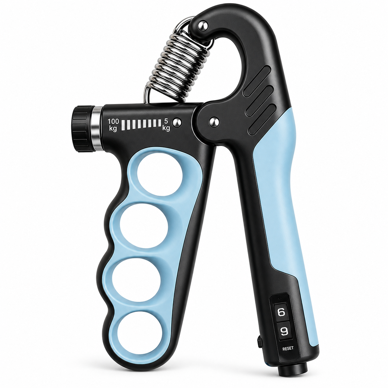 X-Grip Pro adjustable hand strengthener in blue, 5 to 100 kg dial resistance — clean studio packshot on white