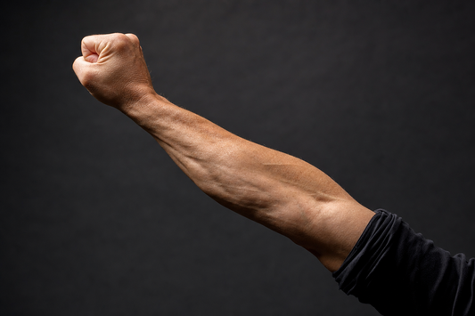 Close-up of an adult forearm and closed fist at the top of a wrist curl, forearm muscles engaged, on a dark studio background