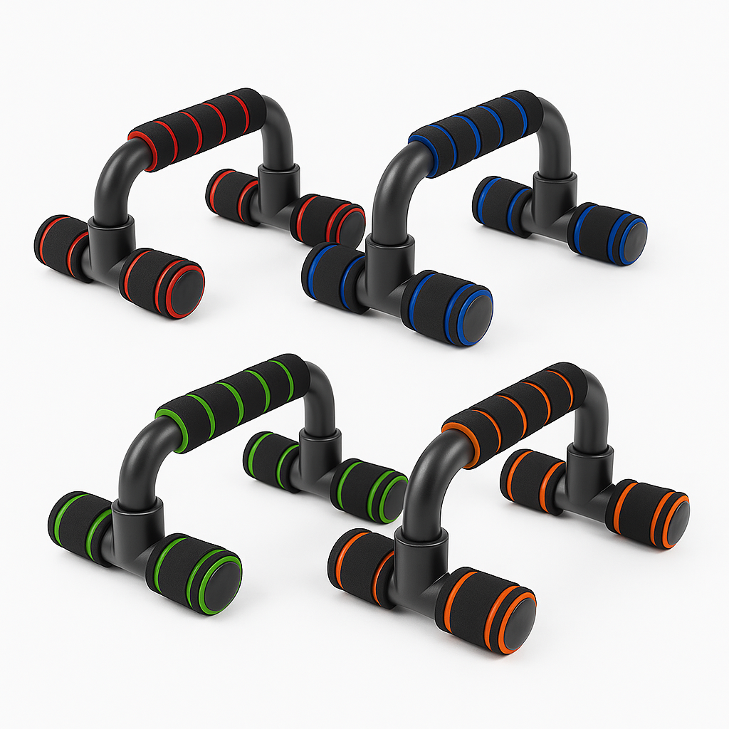 Set of push-up stands with colorful handles on a white background