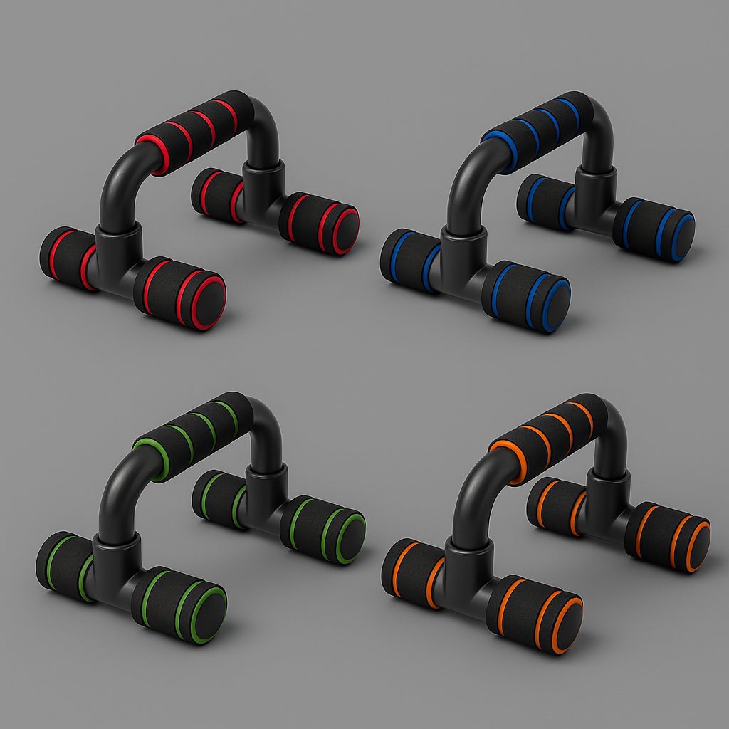 Set of push-up stands with colorful handles on a gray background