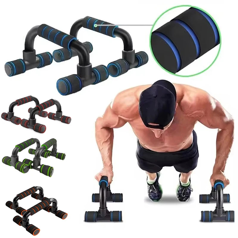 Push-up stand with multiple color options and a person using it for exercise.