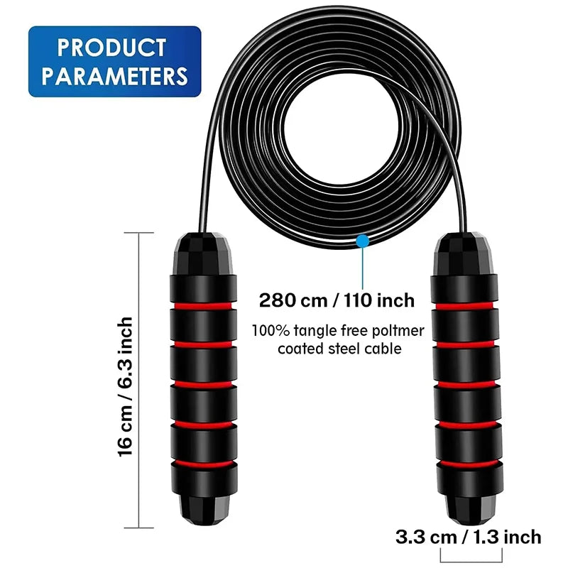 Black and red skipping rope with product parameters on a white background