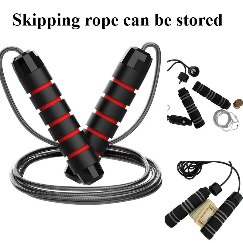 Black and red skipping rope with storage components on a white background