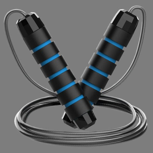 Black and blue jump rope on a gray background