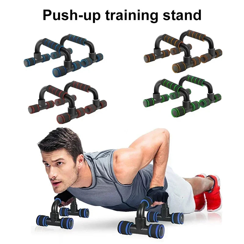 Push-up training stand with a man demonstrating its use on a white background