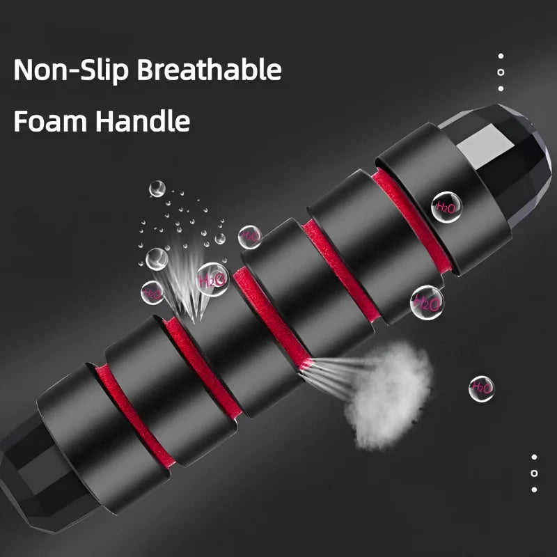 Black and red foam handle with non-slip and breathable features on a dark background