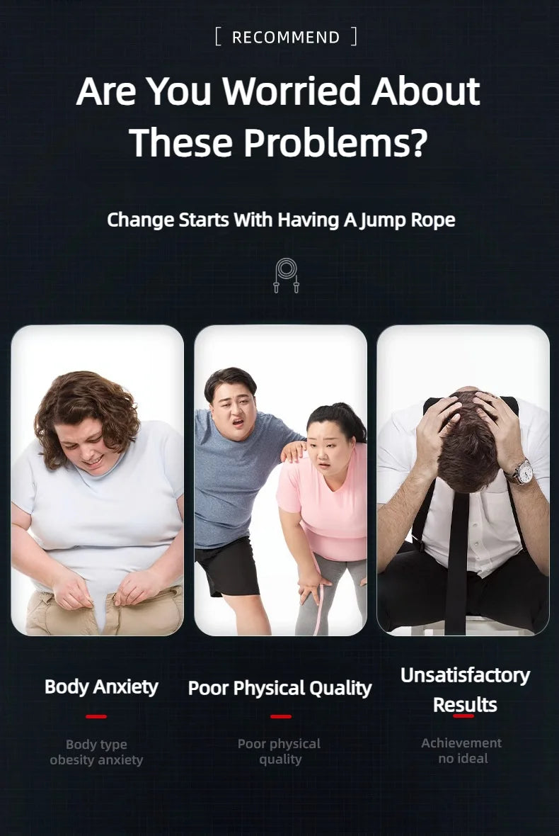 Advertisement for jump rope with images of people dealing with body anxiety, poor physical quality, and unsatisfactory results.