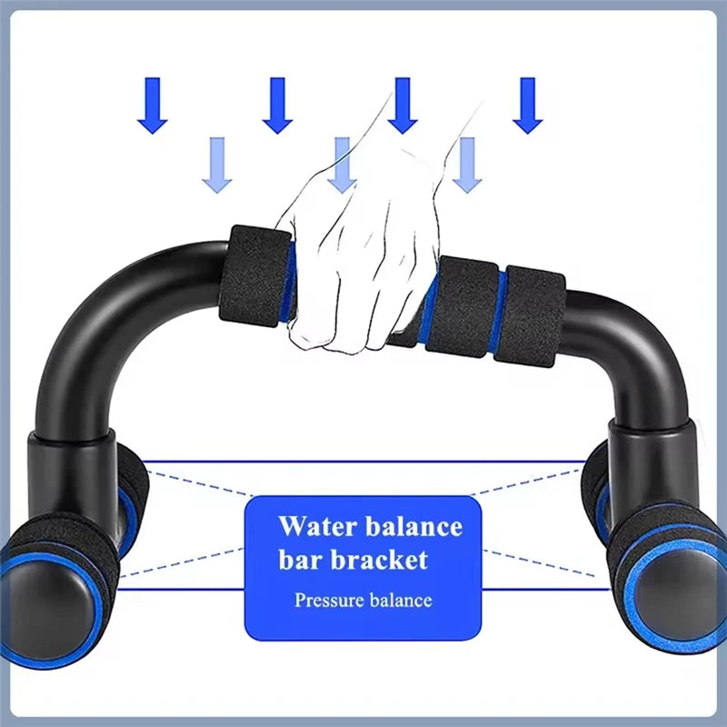 Black water balance bar bracket with blue accents and hand illustration on a white background