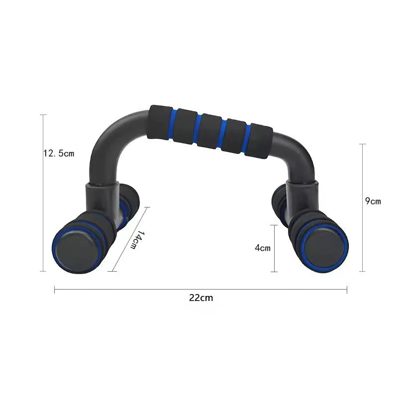 Black and blue exercise handle with measurements on a white background