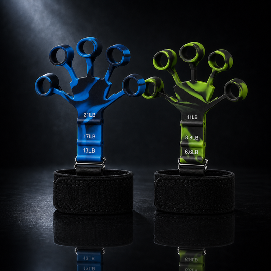 X-Grip Extensor Green + Blue 2-pack — green (light) and blue (heavy) finger extensor trainers