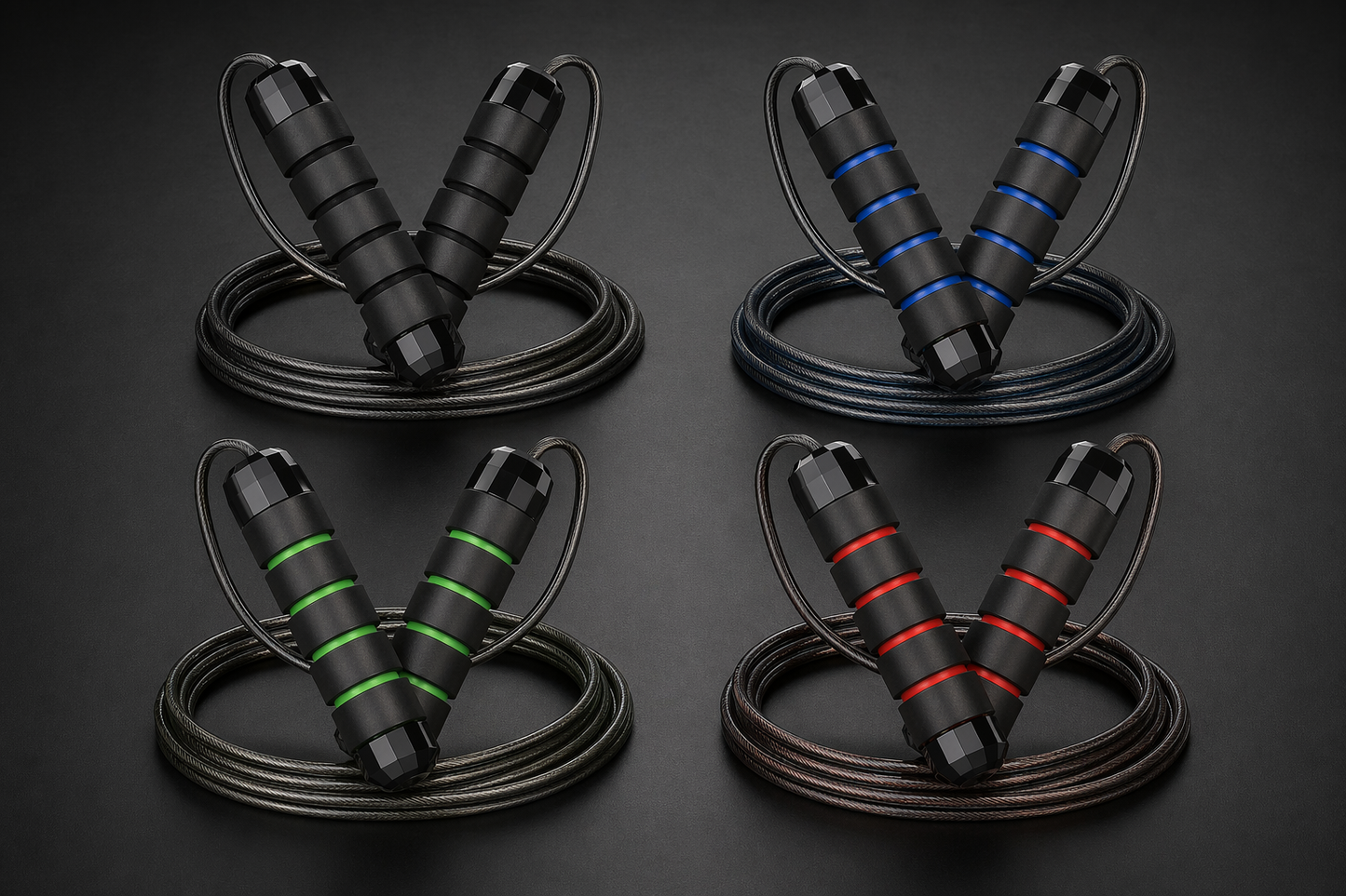 X-Grip Rope available in four colours — black, blue, green and red adjustable steel-cable jump ropes with weighted foam handles