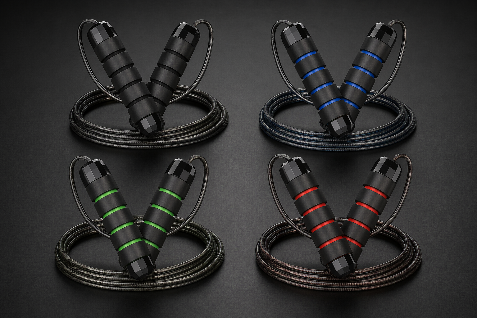 X-Grip Rope available in four colours — black, blue, green and red adjustable steel-cable jump ropes with weighted foam handles