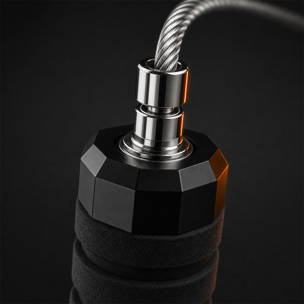 Close-up of the X-Grip Rope handle — braided steel cable on a smooth metal ball-bearing swivel for fast, tangle-free spin