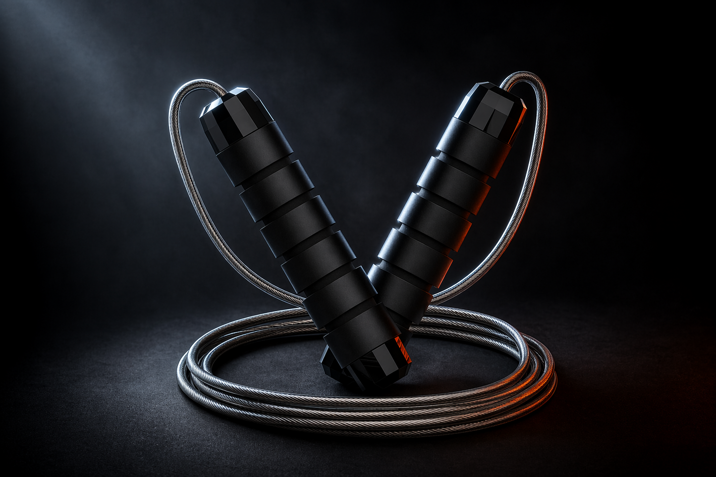 X-Grip Rope in black — adjustable steel-cable jump rope with weighted foam handles and coiled steel cable on a dark studio background