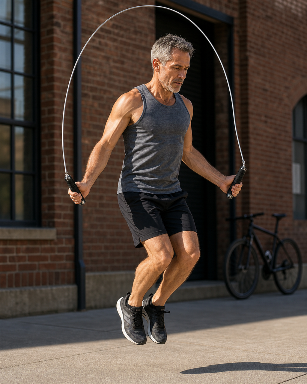 Man jumping rope outdoors with the black X-Grip Rope adjustable steel-cable jump rope