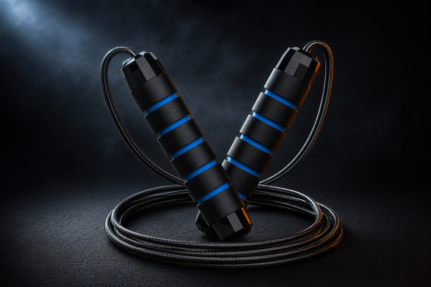 X-Grip Rope in blue — adjustable steel-cable jump rope with weighted foam handles, crossed above the coiled steel cable on a dark studio background
