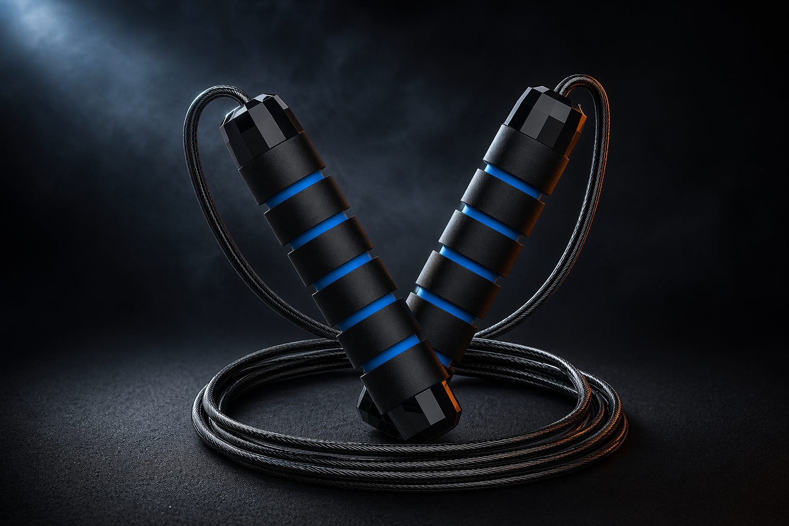 X-Grip Rope in blue — adjustable steel-cable jump rope with weighted foam handles, crossed above the coiled steel cable on a dark studio background