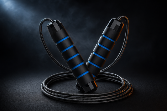 X-Grip Rope in blue — adjustable steel-cable jump rope with weighted foam handles, crossed above the coiled steel cable on a dark studio background