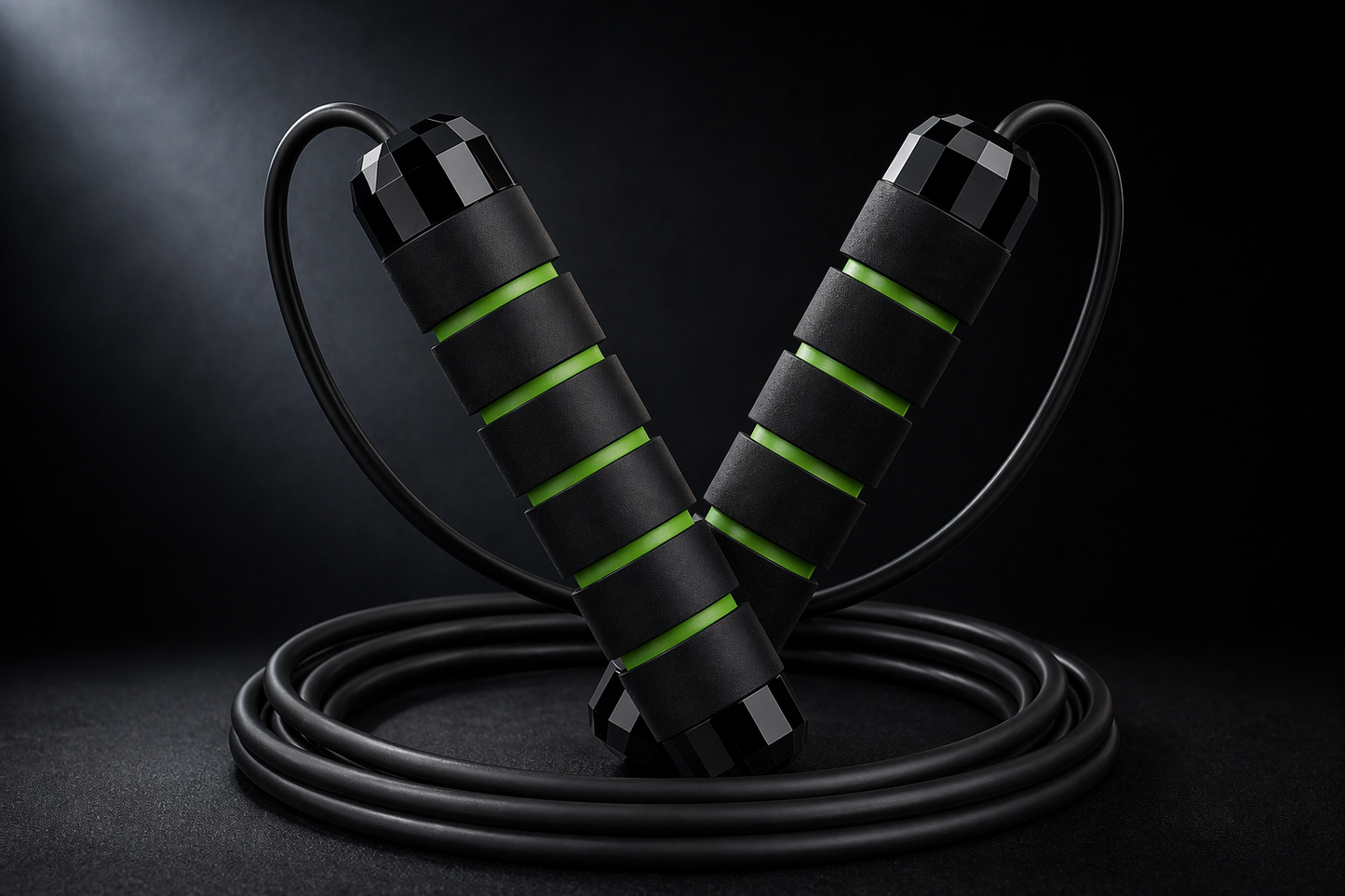 X-Grip Rope in green — adjustable steel-cable jump rope with weighted foam handles and coiled steel cable on a dark studio background