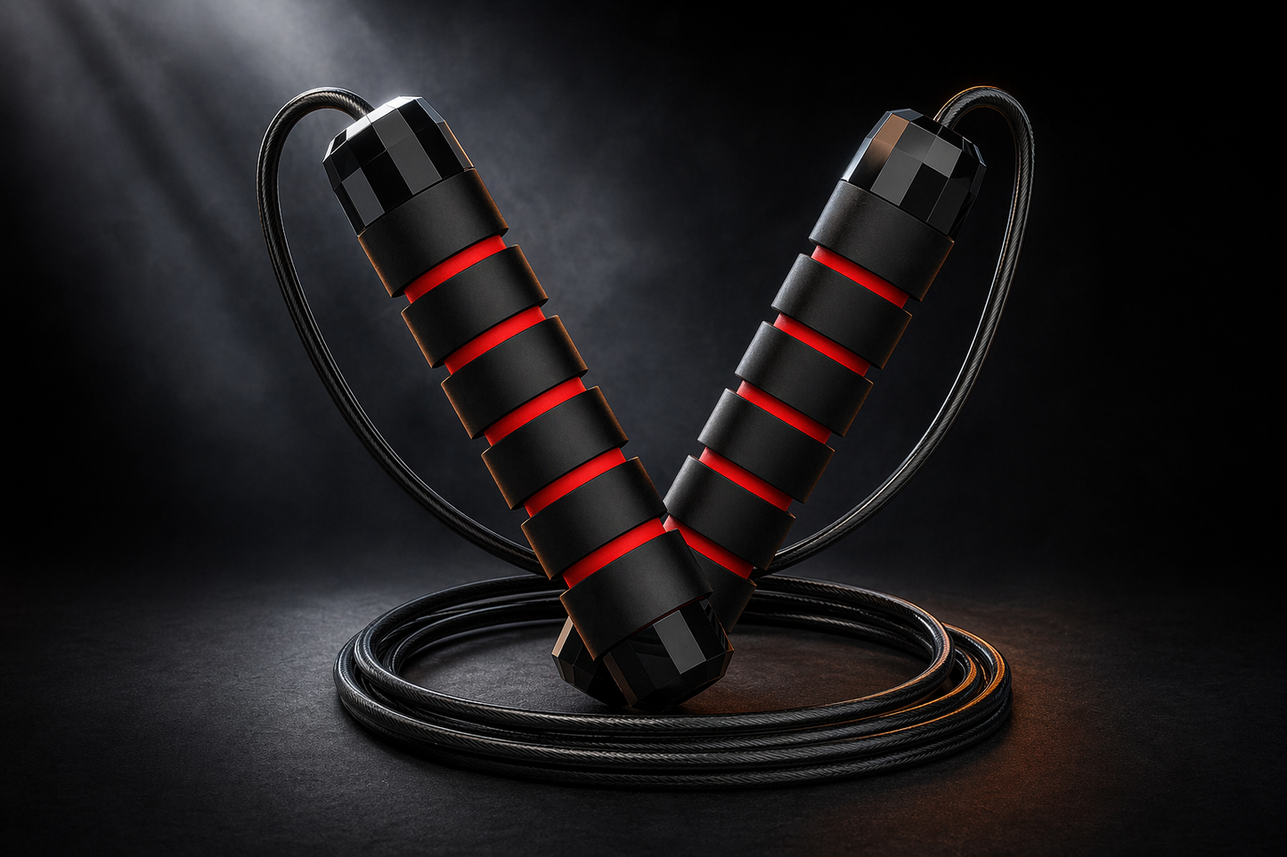 X-Grip Rope in red — adjustable steel-cable jump rope with weighted foam handles and coiled steel cable on a dark studio background