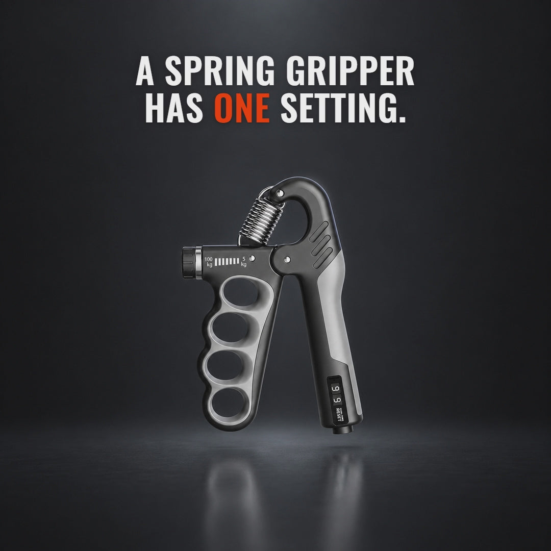 15-second video: one dial sets the X-Grip Pro's resistance from 5 to 100 kg with no spring swaps, and a built-in mechanical counter tracks your reps