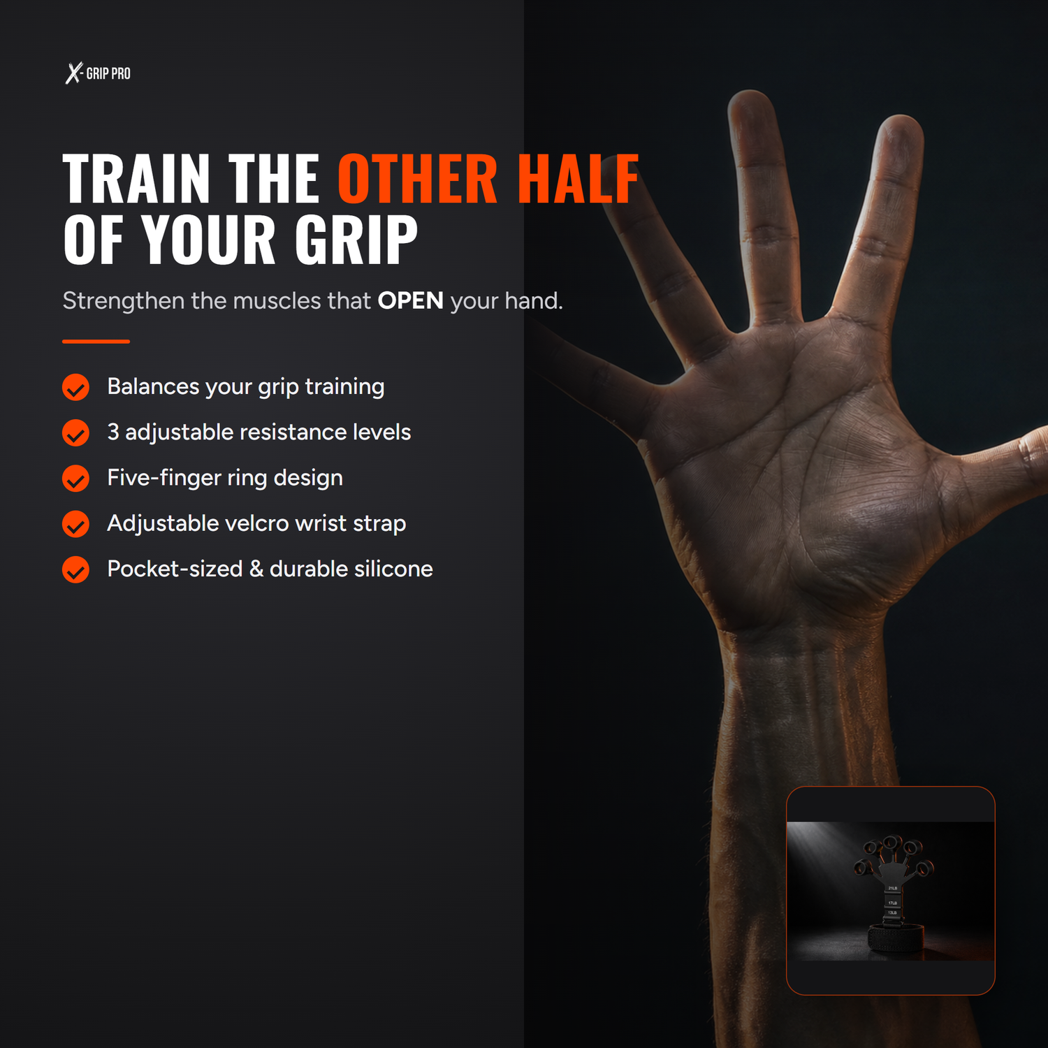X-Grip Extensor finger extensor trainer benefits — trains the muscles that open your hand, 3 adjustable resistance levels, five-finger ring design, adjustable velcro wrist strap, pocket-sized