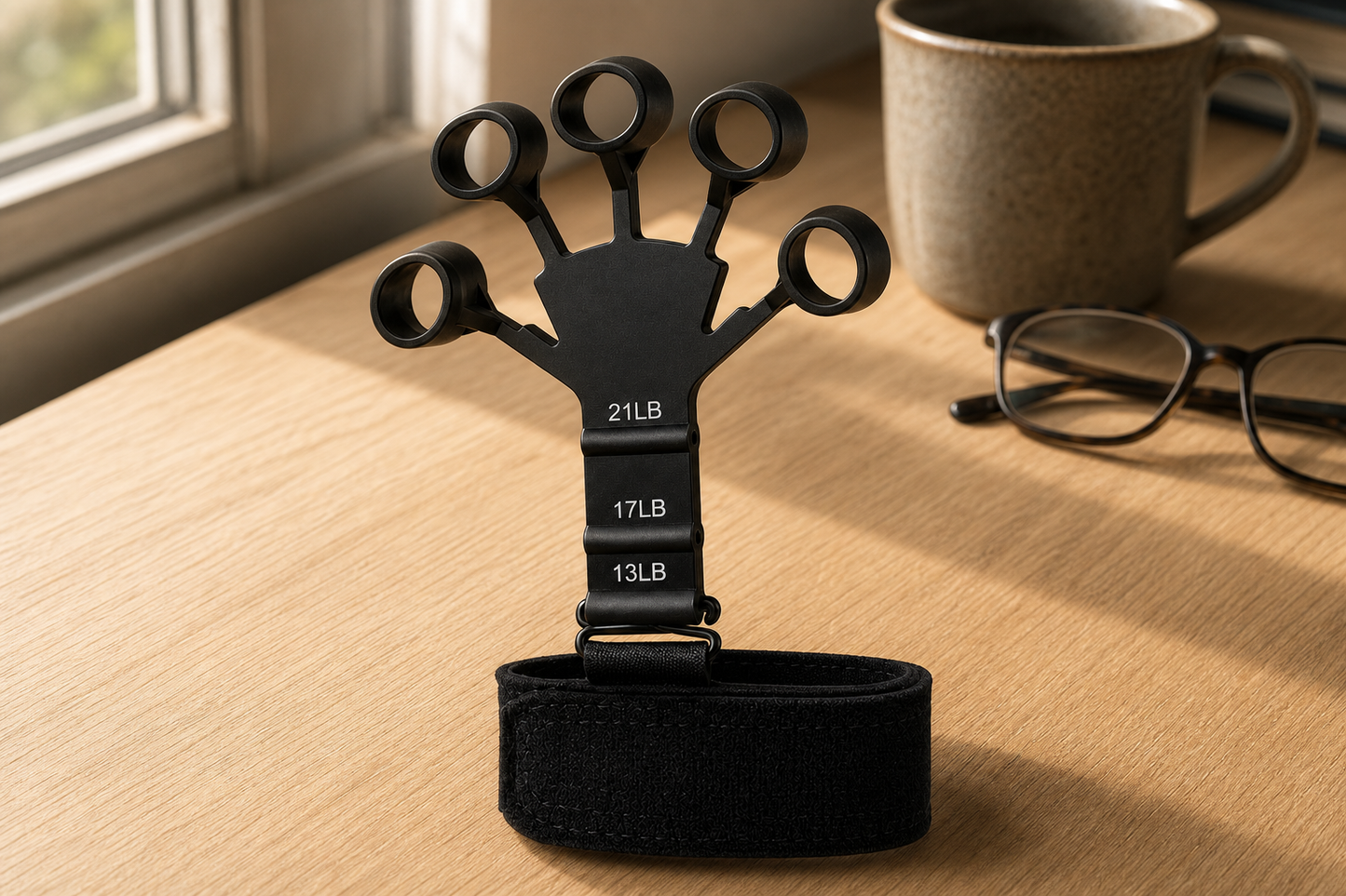 Black X-Grip Extensor on a desk beside a coffee mug and reading glasses — a few minutes of finger extension training during the working day