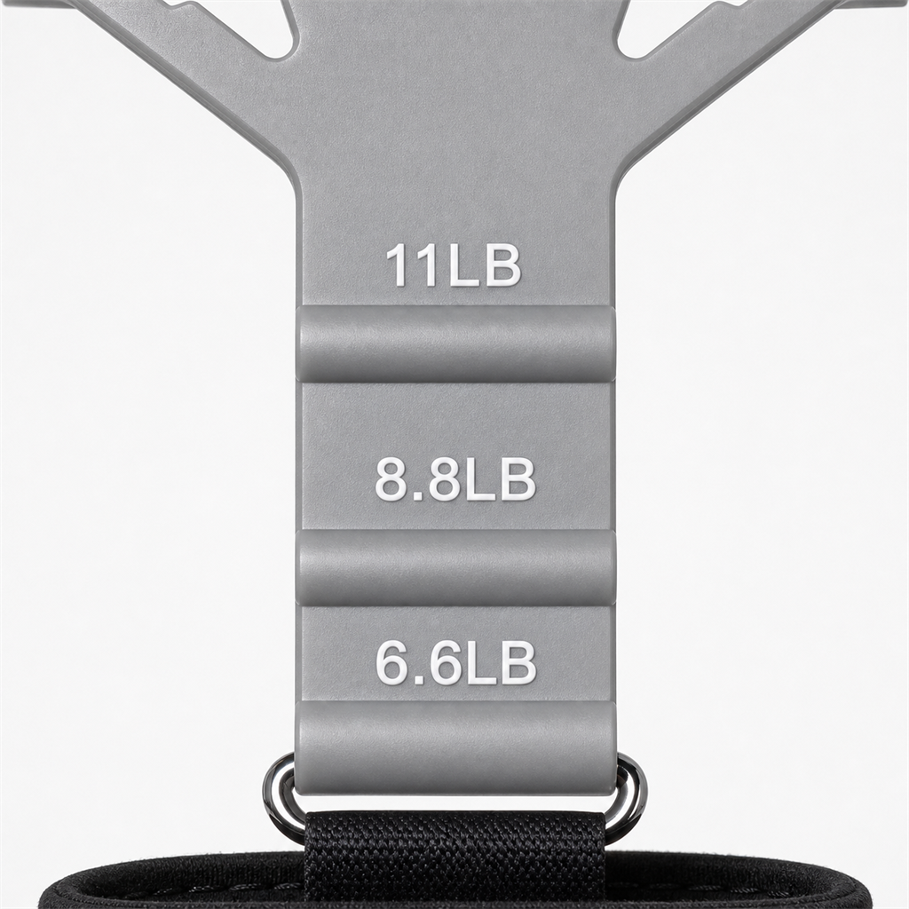 Close-up of the three stacked resistance blocks on the gray X-Grip Extensor, marked 11 lb, 8.8 lb and 6.6 lb