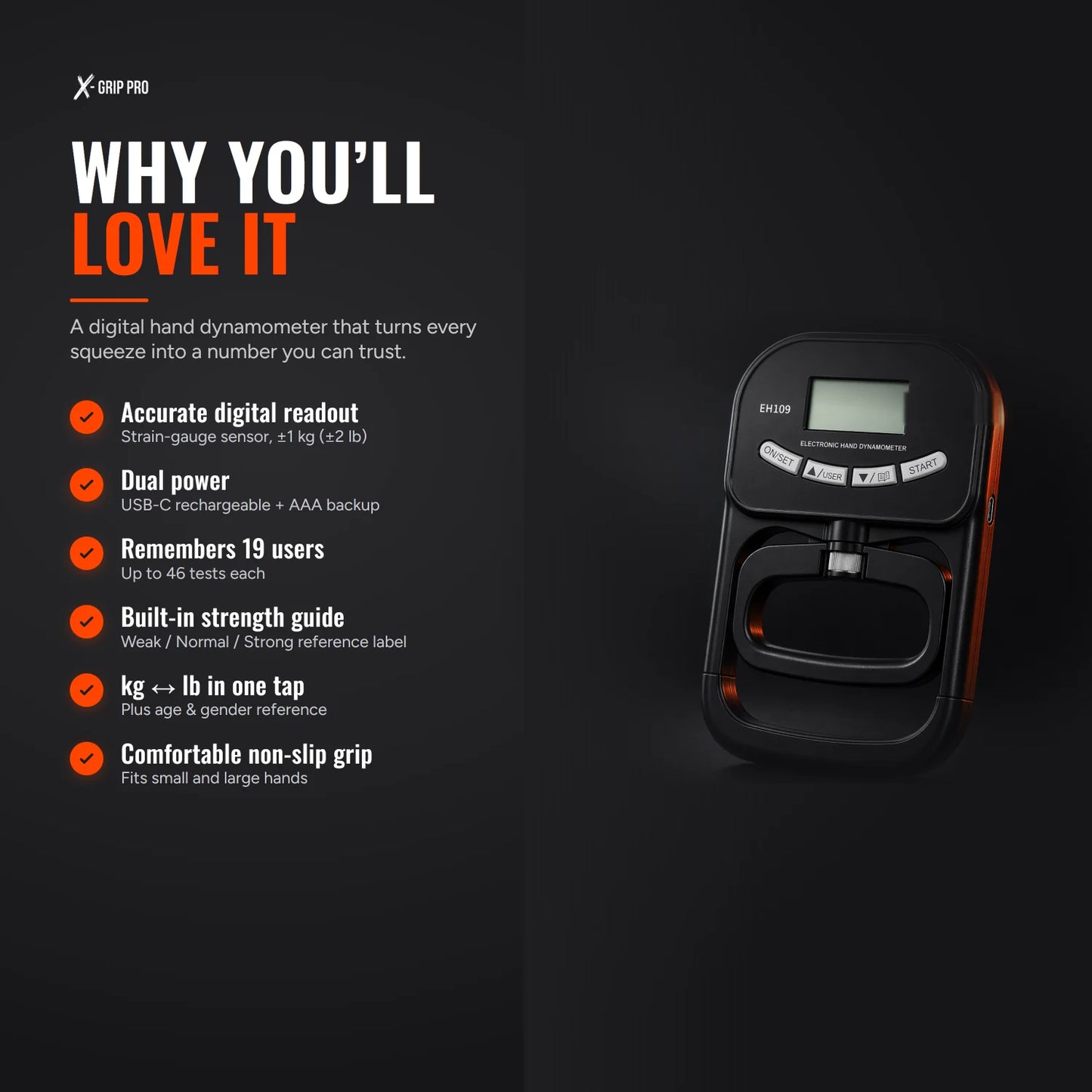 Why you'll love the X-Grip PowerTester — accurate digital readout (±1 kg), USB-C rechargeable with AAA backup, 19-user memory, and a built-in Weak/Normal/Strong strength guide