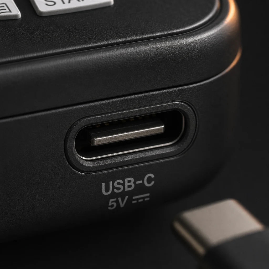 X-Grip PowerTester USB-C charging port — rechargeable, with 2x AAA batteries as a backup