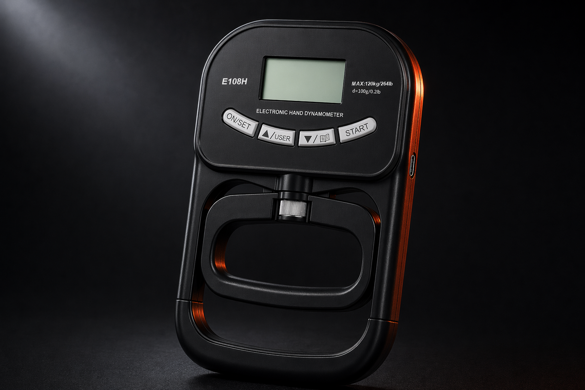 X-Grip PowerTester digital hand dynamometer (model E108H, measures up to 120 kg) on a dark studio background