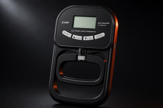 X-Grip PowerTester digital hand dynamometer (model E108H, measures up to 120 kg) on a dark studio background