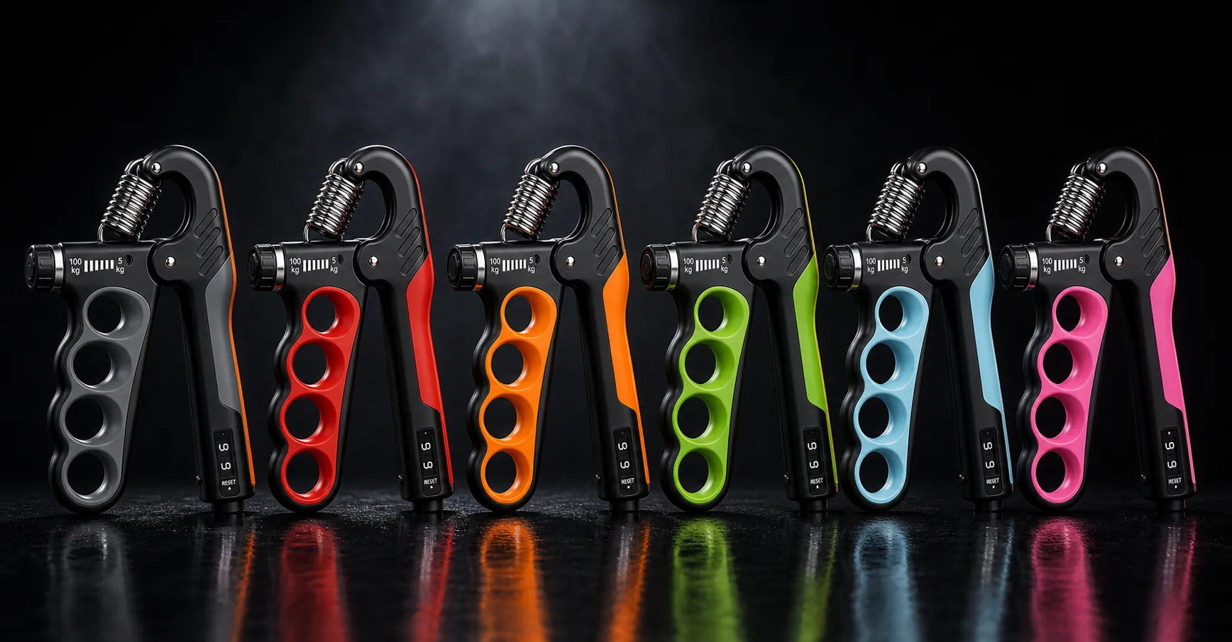 X-Grip Pro adjustable hand strengthener — six-colorway family hero in dark studio brand style, showing Gray, Red, Orange, Green, Blue and Pink with 5 to 100 kg dial resistance