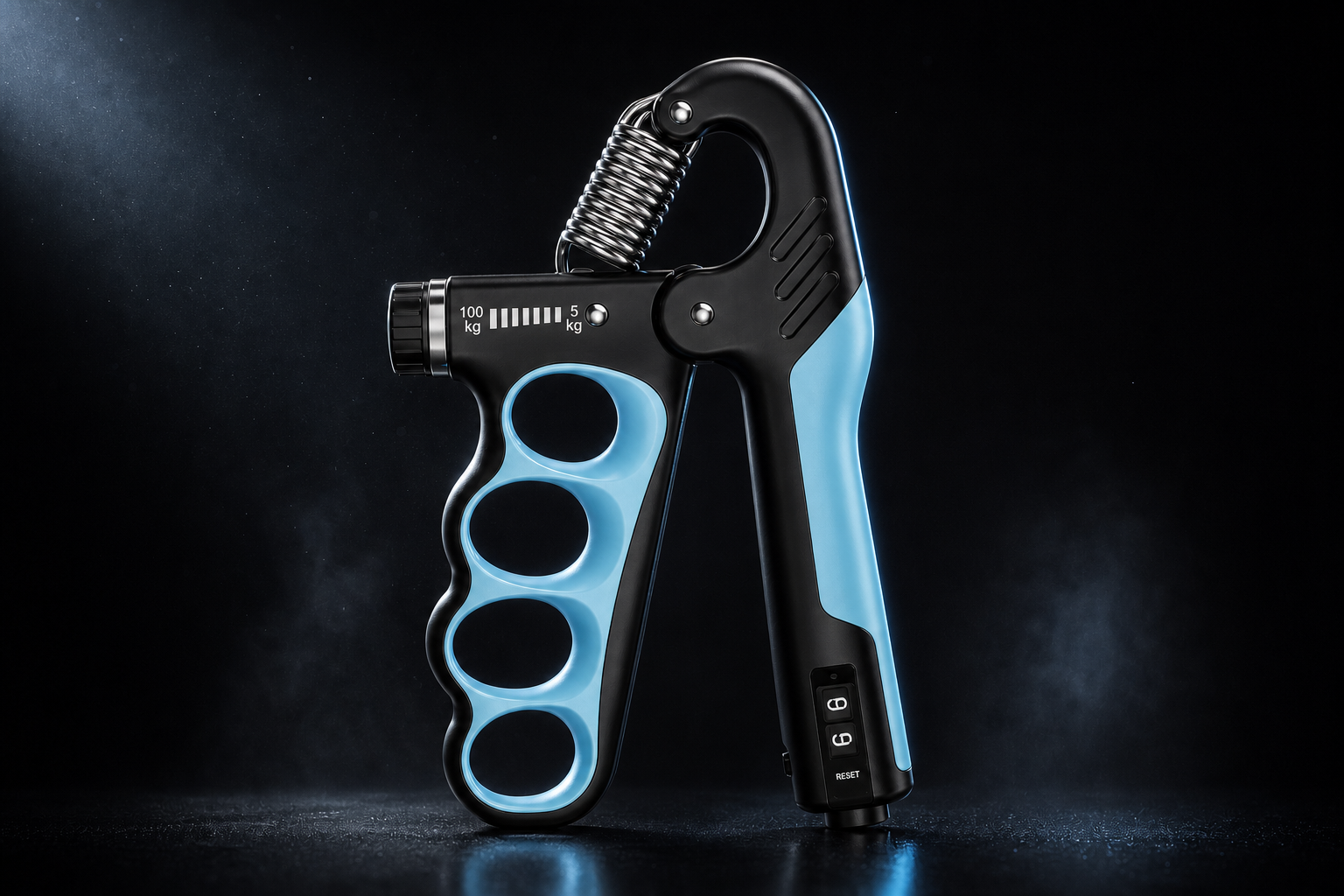 X-Grip Pro adjustable hand strengthener in blue, 5 to 100 kg dial-adjustable resistance, dark studio hero shot