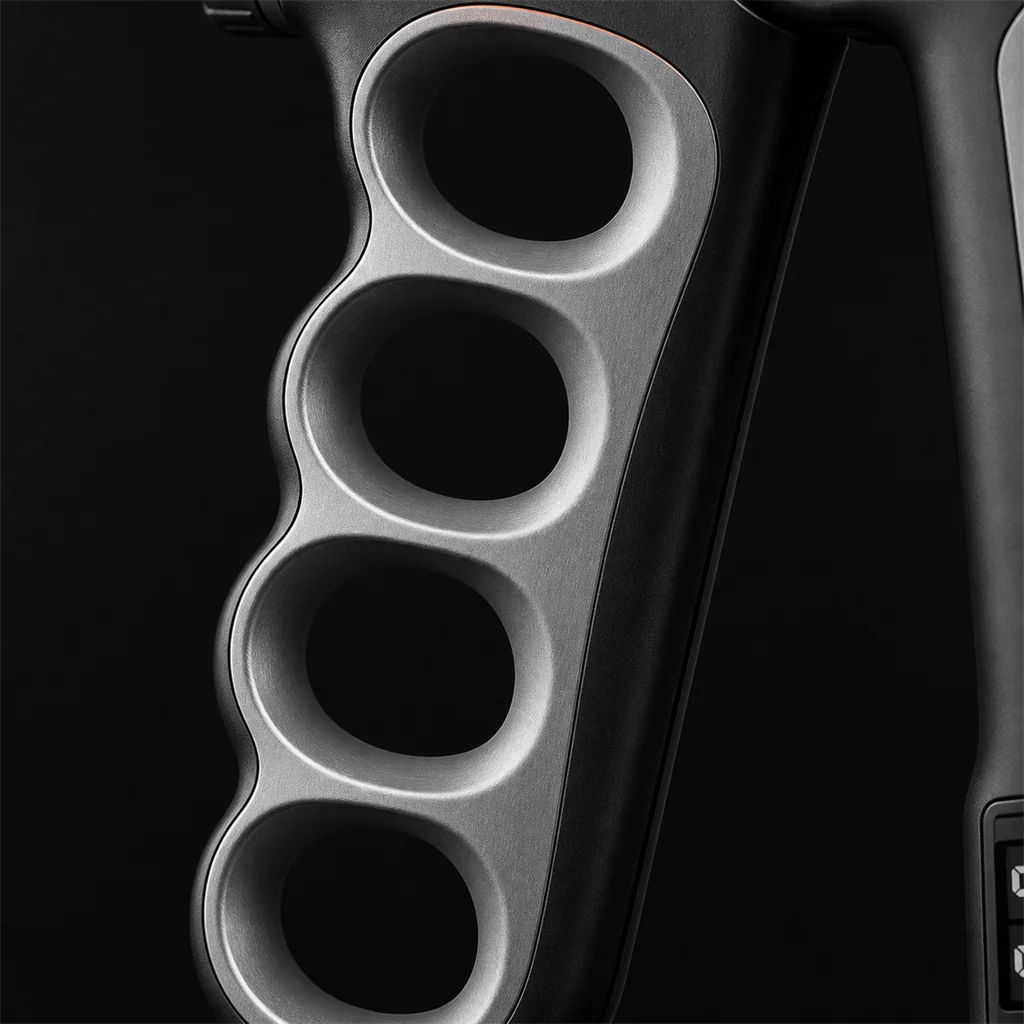 Close-up of the four contoured finger holes on the X-Grip Pro adjustable hand strengthener, gray colorway