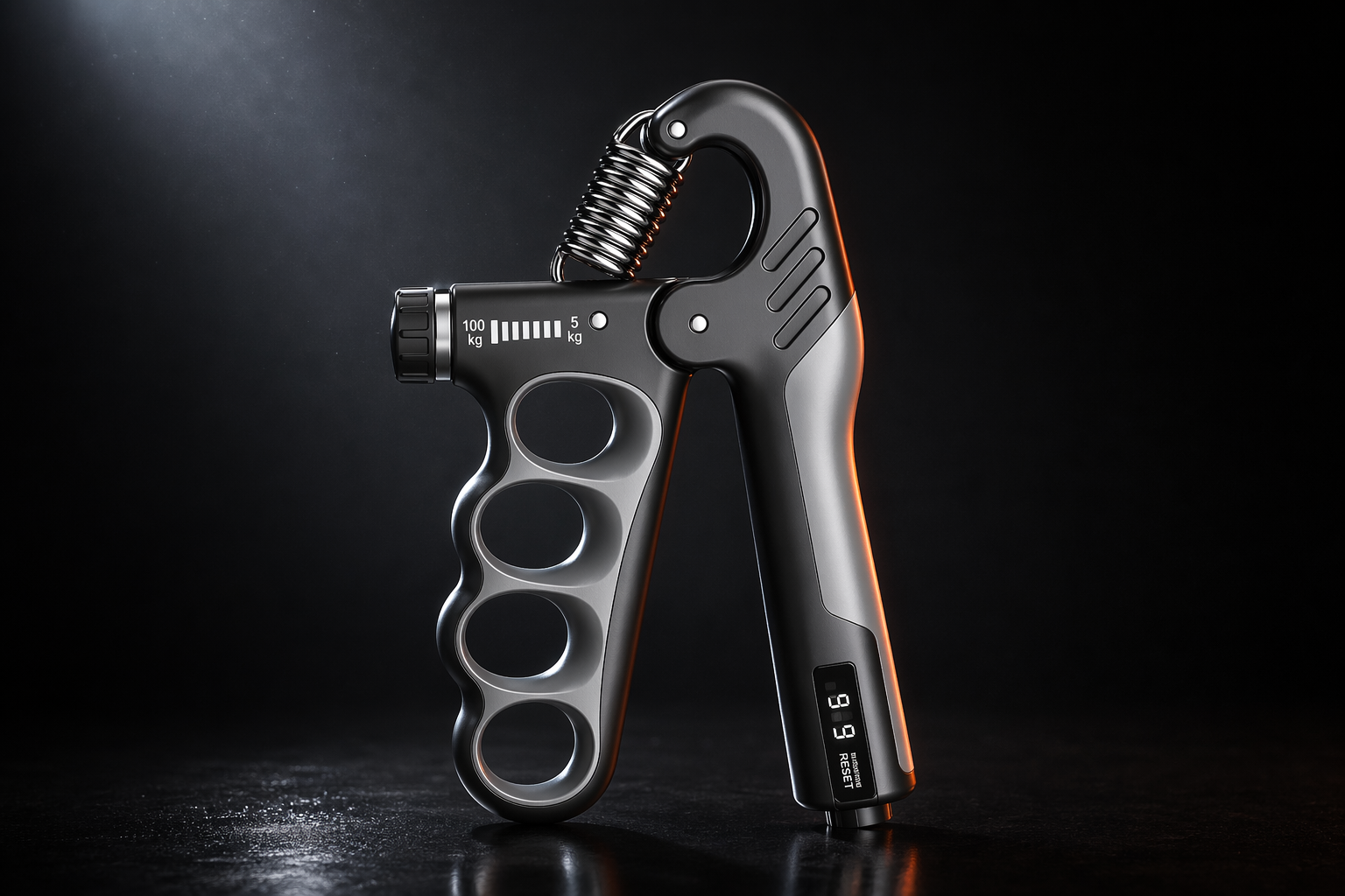 X-Grip Pro adjustable hand strengthener in gray, 5 to 100 kg dial-adjustable resistance, dark studio hero shot