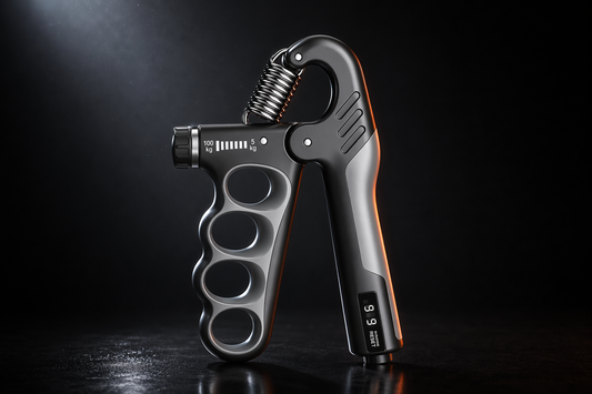X-Grip Pro adjustable hand strengthener in gray, 5 to 100 kg dial-adjustable resistance, dark studio hero shot