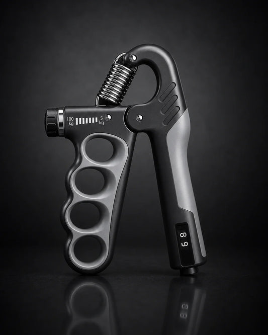 X-Grip Pro adjustable hand strengthener in gray, 5 to 100 kg dial-adjustable resistance, dark studio hero shot