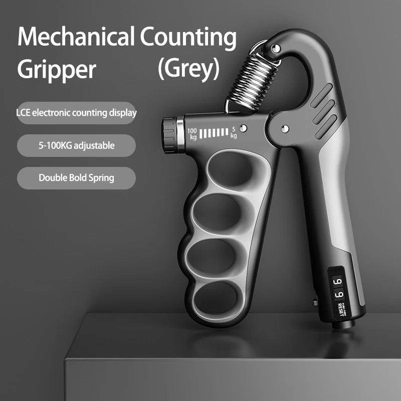 X-Grip Pro adjustable hand gripper grey 5-100kg with LCD rep counter and double bold spring mechanism