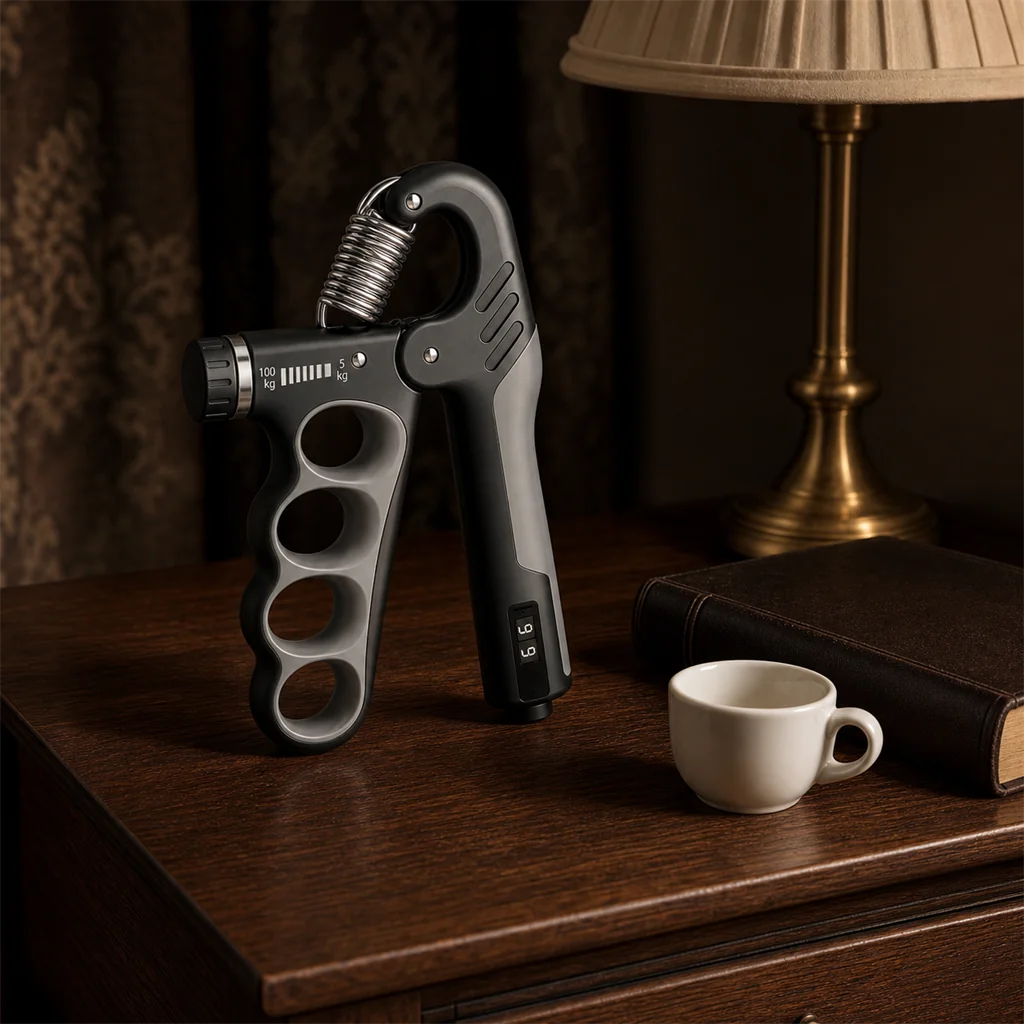 X-Grip Pro gray hand strengthener on a bedside table — gentle starting resistance for daily hand-health training