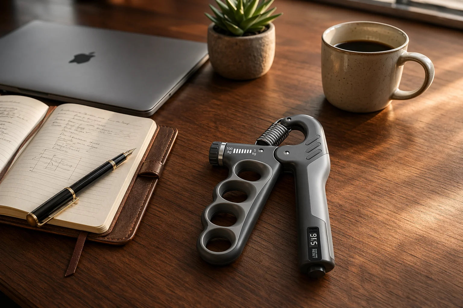 X-Grip Pro gray hand strengthener in everyday desk context — built for adults building everyday grip strength