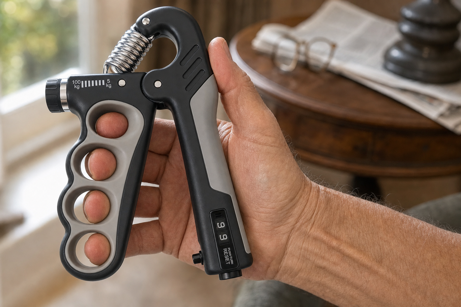 Man in his 60s training grip strength at home with the gray X-Grip Pro — four fingers through the finger holes, palm on the contoured handle