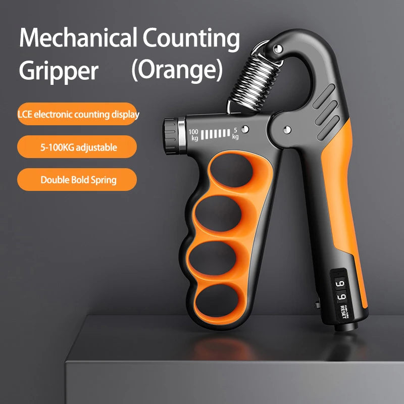 X-Grip Pro orange adjustable hand gripper 5-100kg with LCD electronic counting display and double bold spring features