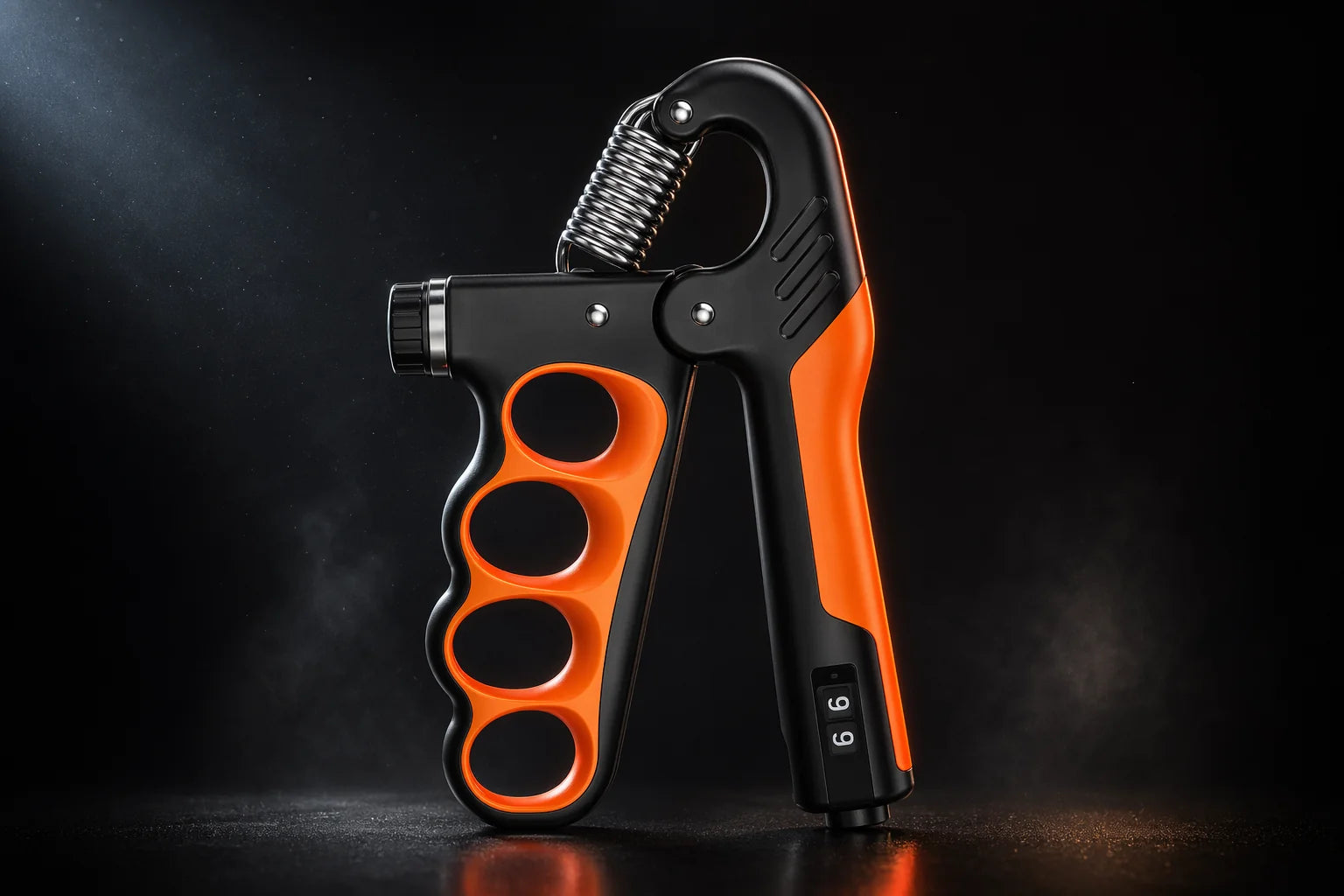 X-Grip Pro adjustable hand strengthener in orange, 5 to 100 kg dial-adjustable resistance, dark studio hero shot