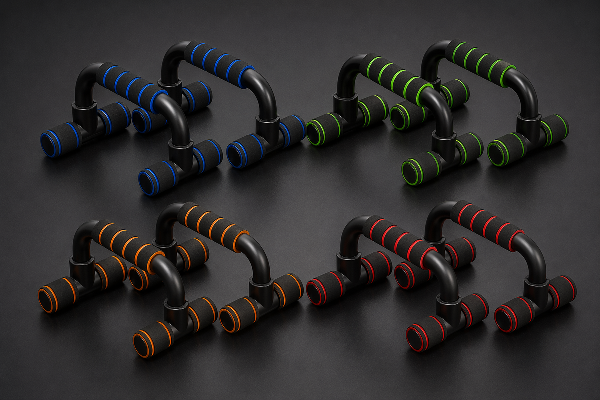 X-Grip Push-Up stand family shot — all four colorways: blue, green, orange and red pairs