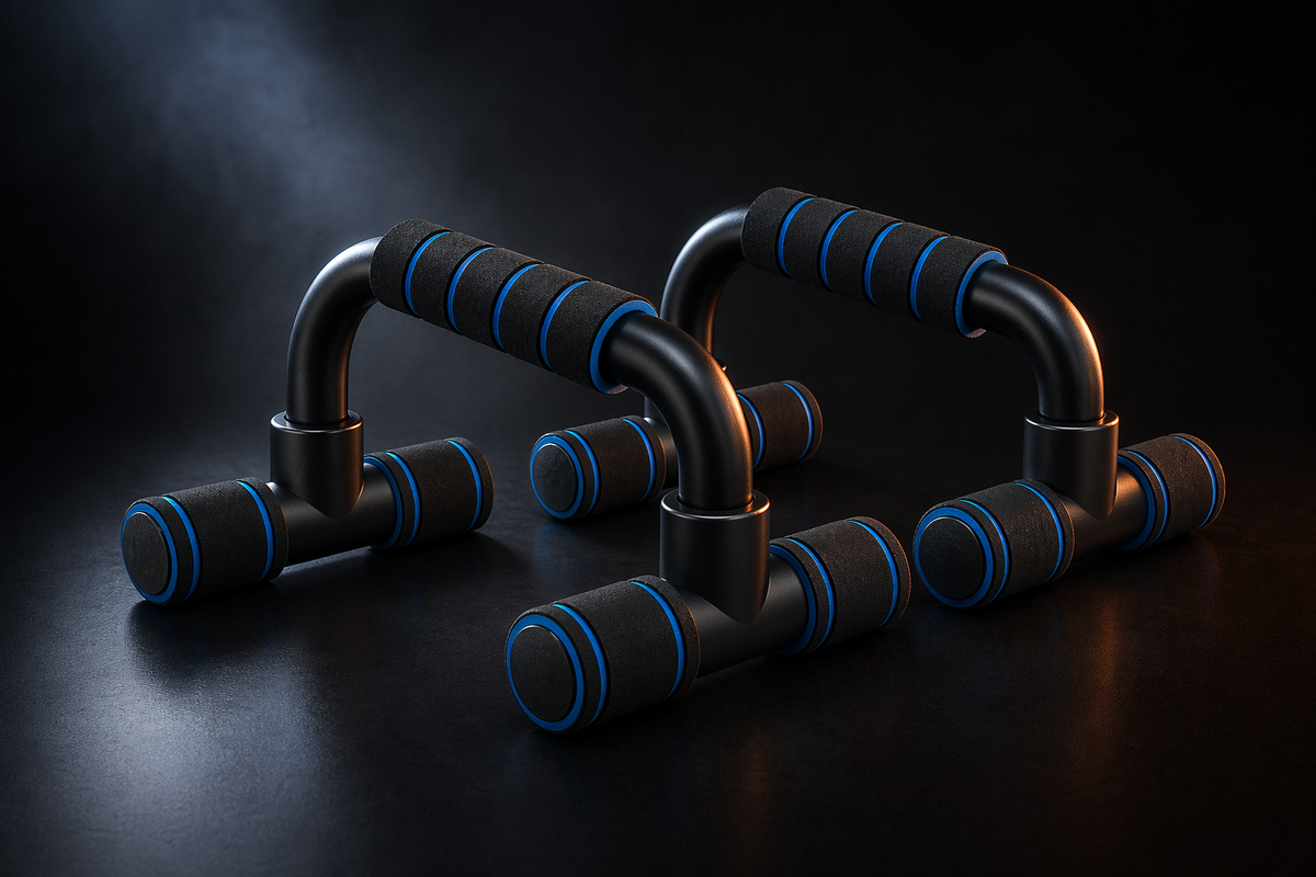 X-Grip Push-Up stand in blue — heavy-duty ergonomic push-up bars rated 300 lb, dark studio hero shot