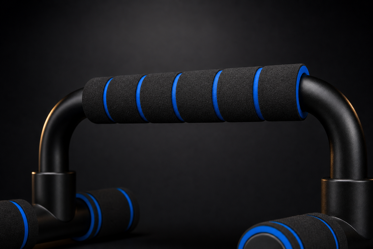 Close-up of the X-Grip Push-Up stand's high-density foam grip with blue accent stripes