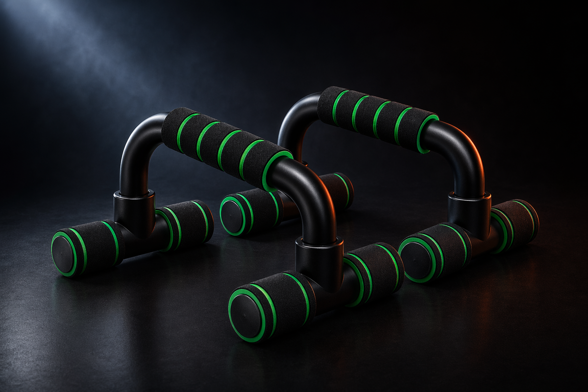 X-Grip Push-Up stand in green — heavy-duty ergonomic push-up bars rated 300 lb, dark studio hero shot