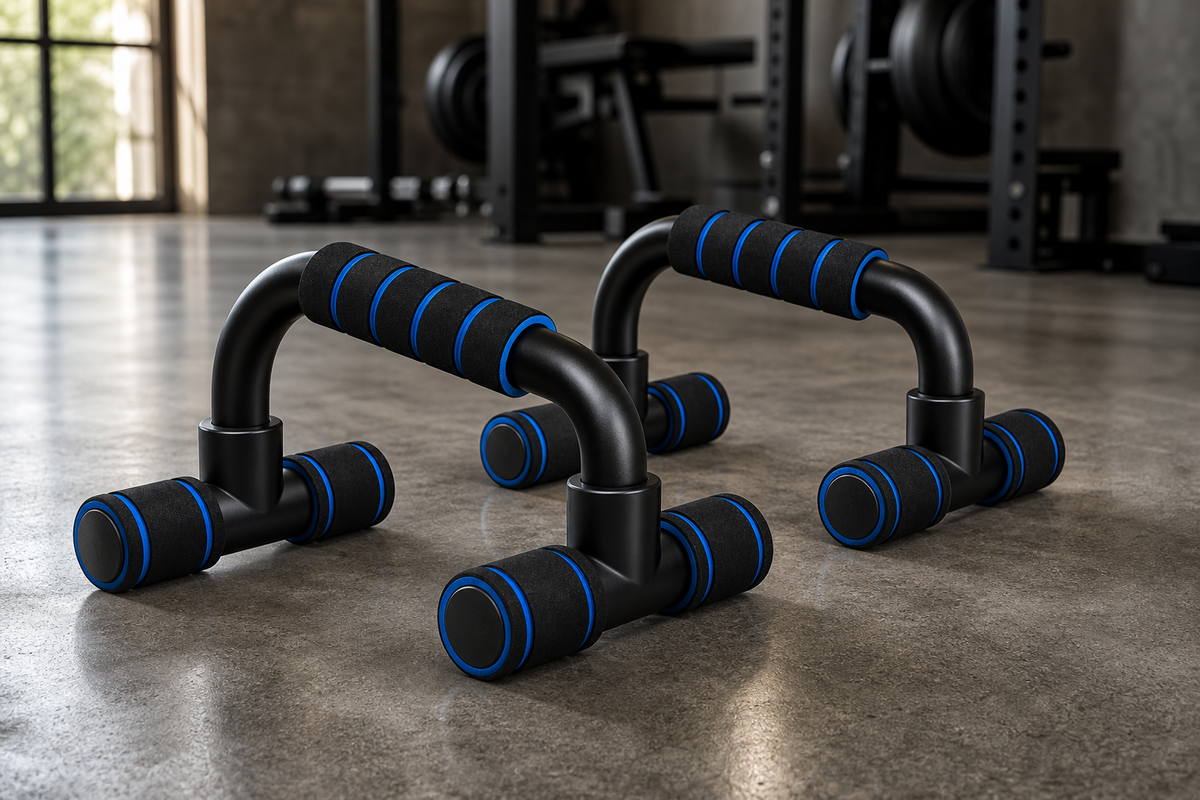 Pair of X-Grip Push-Up stands on a garage gym floor — heavy-duty ergonomic push-up bars rated 300 lb